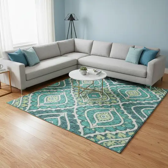 Teal Ivory And Artichoke Green Diamond Washable Area Rug With UV Protection Photo 2