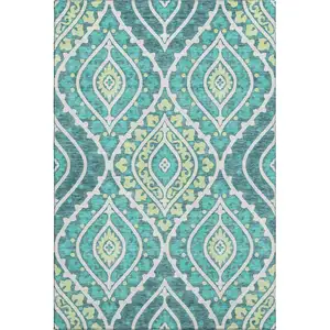 Photo of Teal Ivory And Artichoke Green Diamond Washable Area Rug With UV Protection