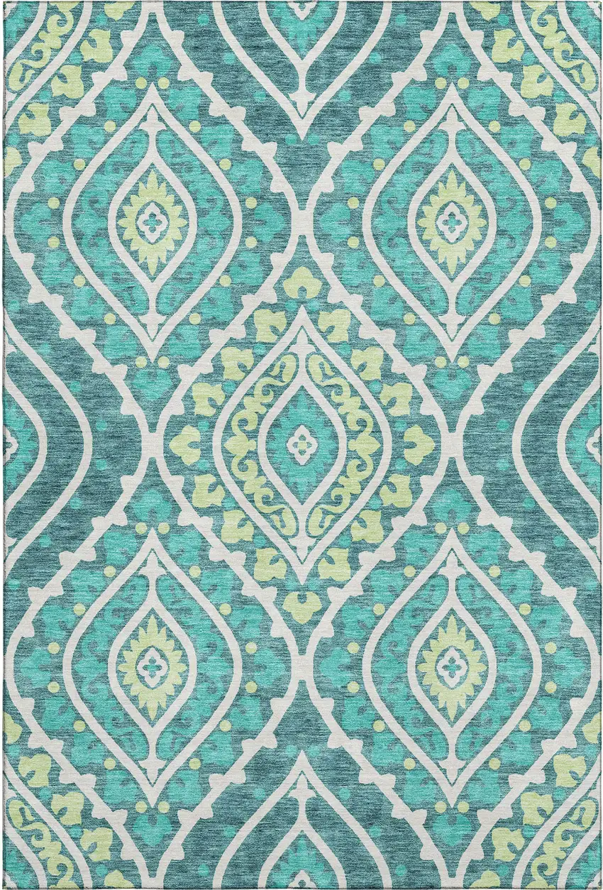 Teal Ivory And Artichoke Green Diamond Washable Area Rug With UV Protection Photo 1