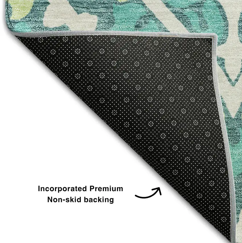 Teal Ivory And Artichoke Green Diamond Washable Area Rug With UV Protection Photo 7
