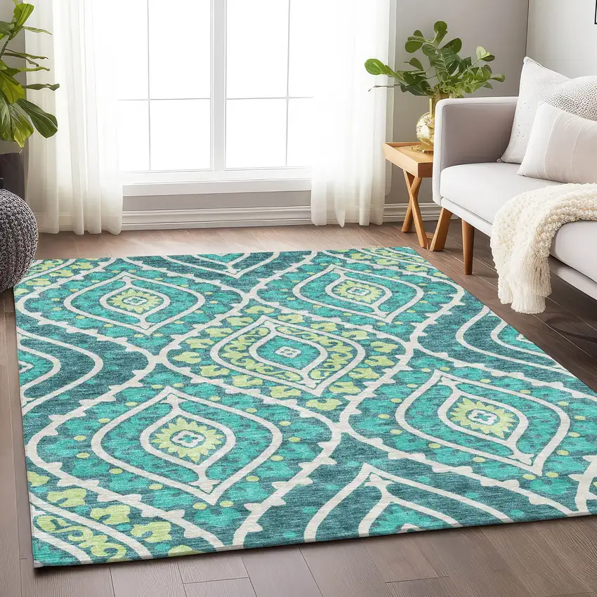 Teal Ivory And Artichoke Green Diamond Washable Area Rug With UV Protection Photo 5