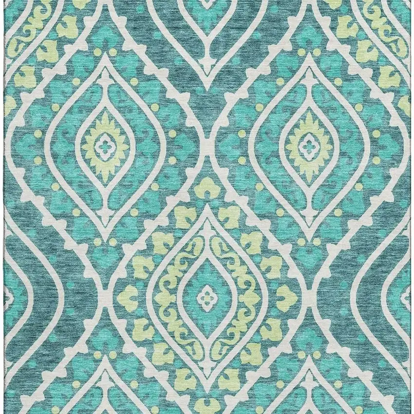 Teal Ivory And Artichoke Green Diamond Washable Area Rug With UV Protection Photo 3
