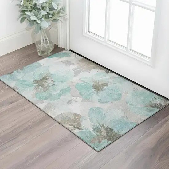 Teal Ivory And Beige Floral Washable Area Rug With UV Protection Photo 2