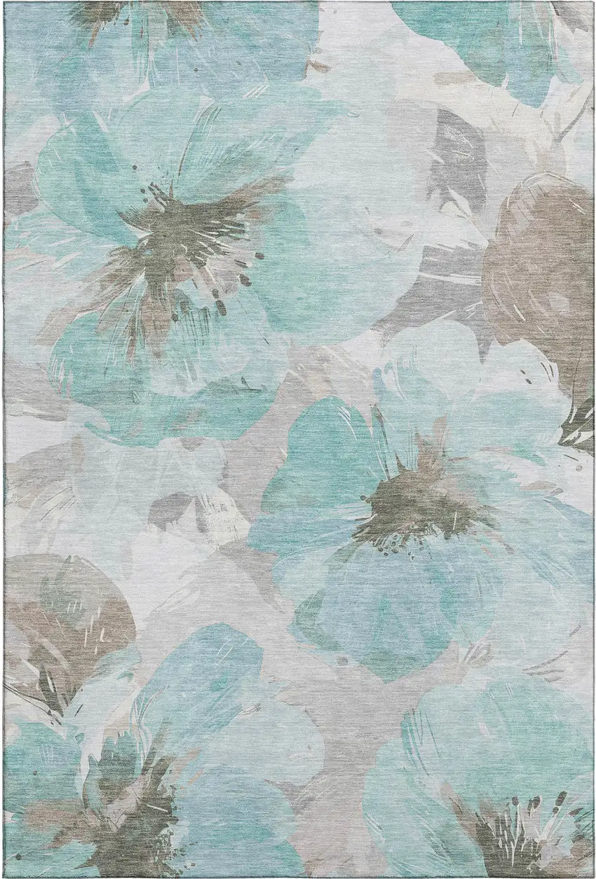 Teal Ivory And Beige Floral Washable Area Rug With UV Protection Photo 1
