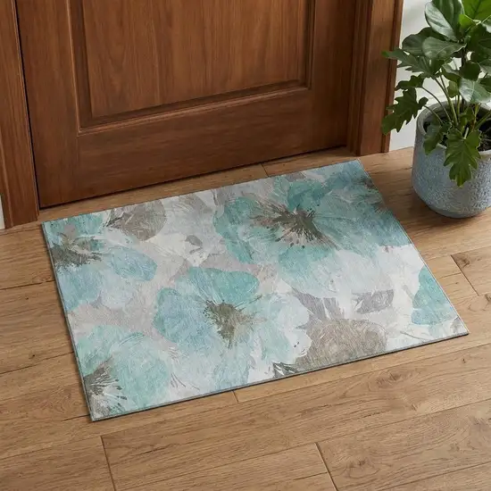Teal Ivory And Beige Floral Washable Area Rug With UV Protection Photo 1