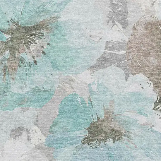 Teal Ivory And Beige Floral Washable Area Rug With UV Protection Photo 2