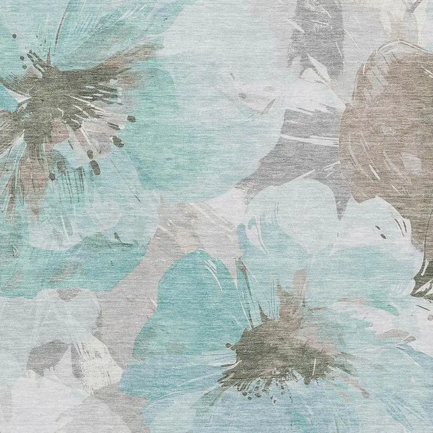 Teal Ivory And Beige Floral Washable Area Rug With UV Protection Photo 2