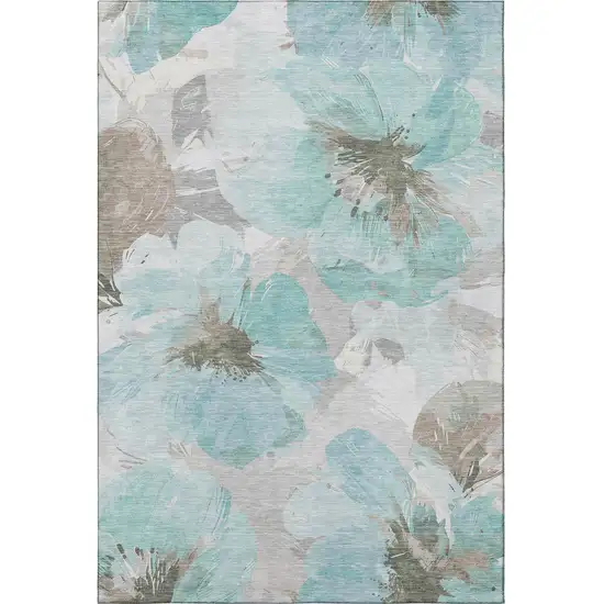 Teal Ivory And Beige Floral Washable Area Rug With UV Protection Photo 3