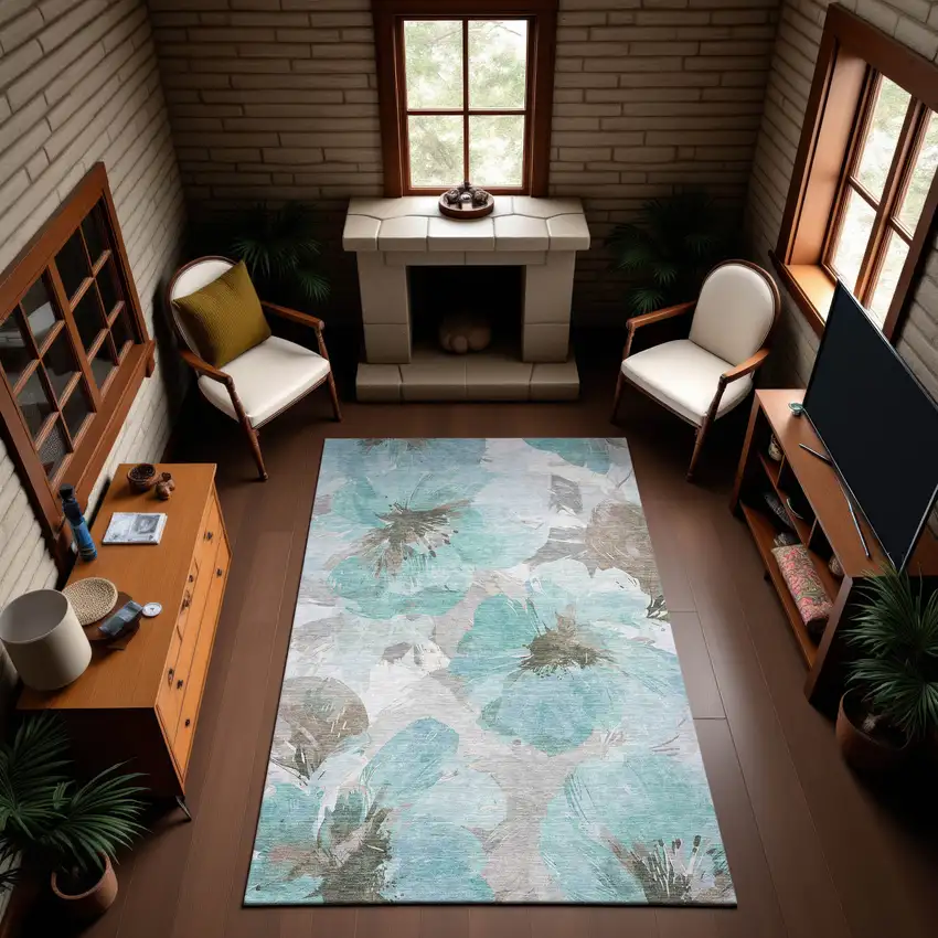 Teal Ivory And Beige Floral Washable Area Rug With UV Protection Photo 4