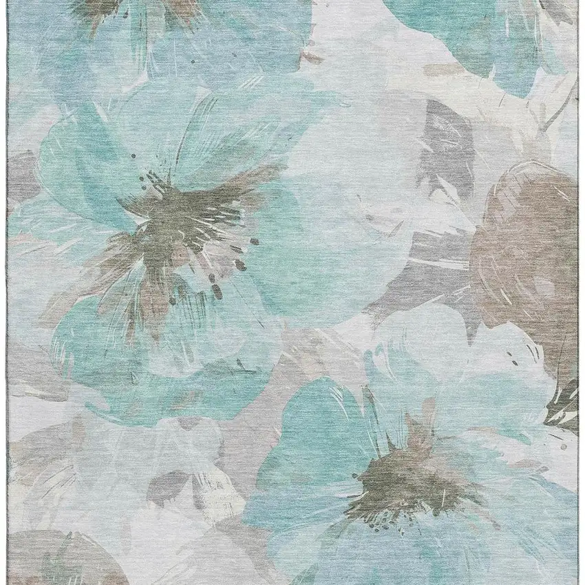 Teal Ivory And Beige Floral Washable Area Rug With UV Protection Photo 3