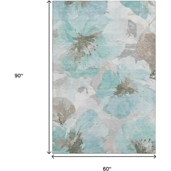 Teal Ivory And Beige Floral Washable Area Rug With UV Protection Photo 6