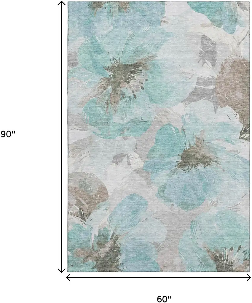 Teal Ivory And Beige Floral Washable Area Rug With UV Protection Photo 6