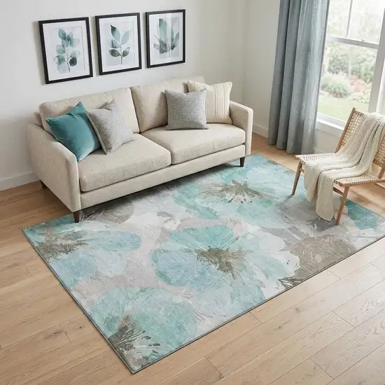 Teal Ivory And Beige Floral Washable Area Rug With UV Protection Photo 1