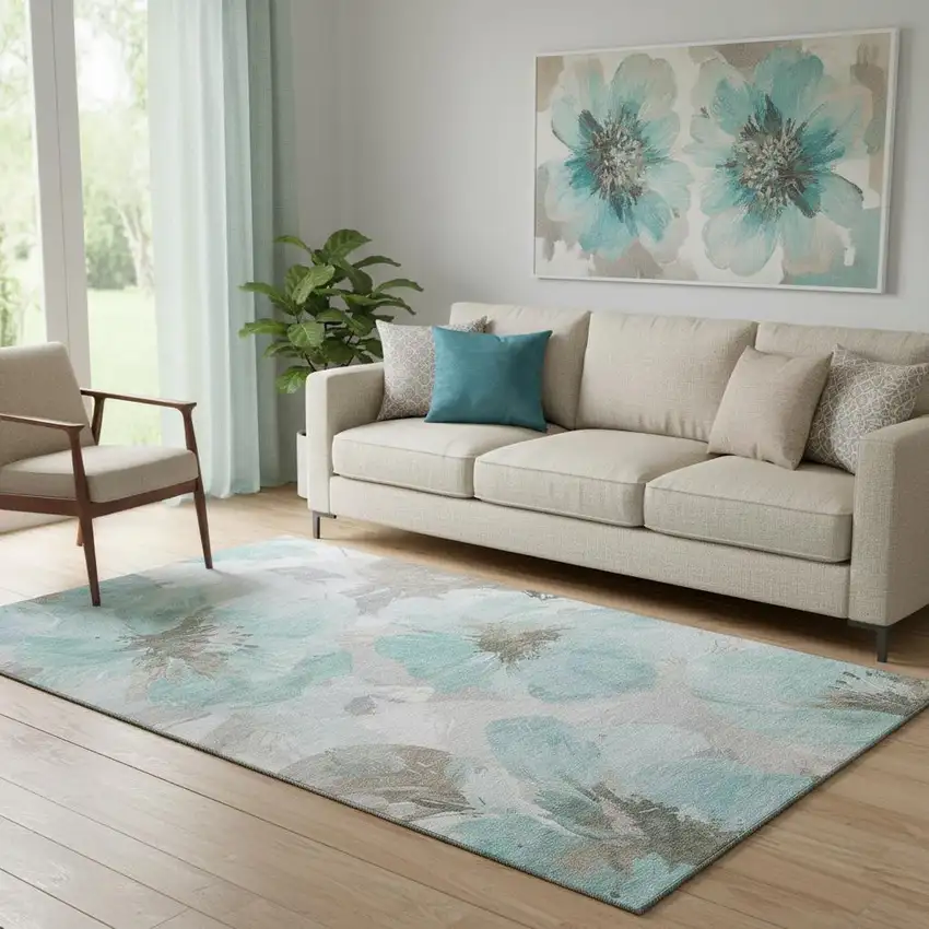 Teal Ivory And Beige Floral Washable Area Rug With UV Protection Photo 2