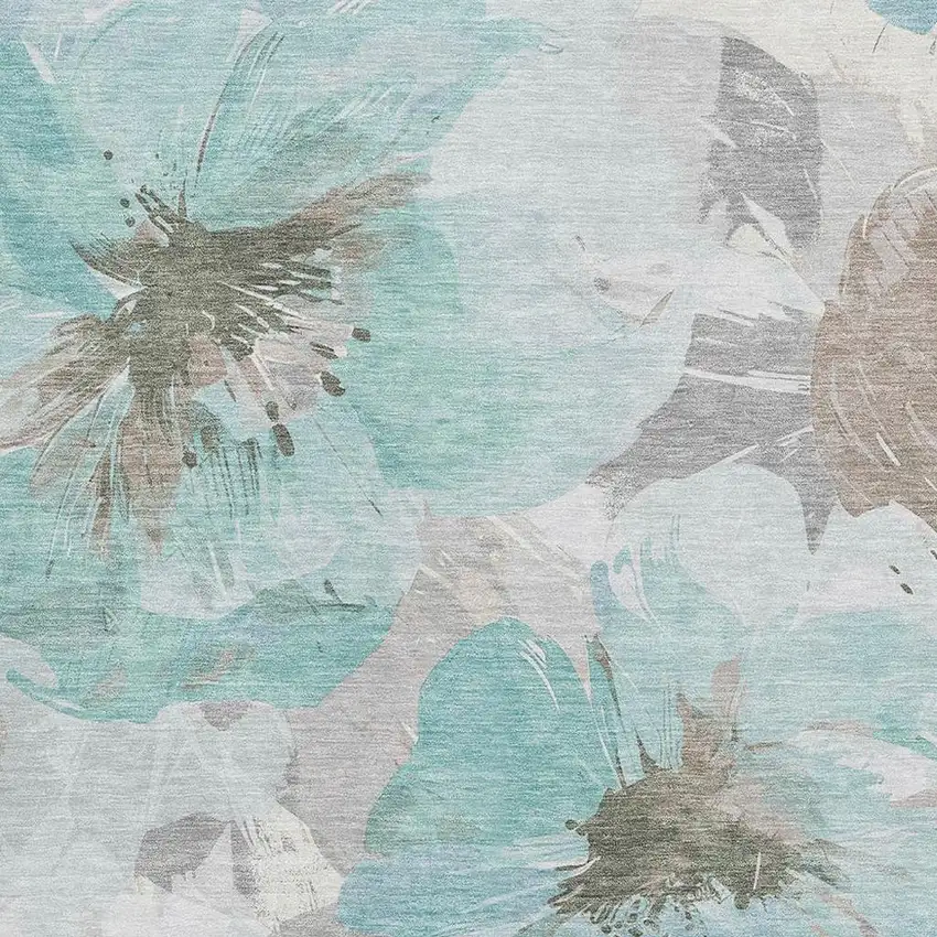 Teal Ivory And Beige Floral Washable Area Rug With UV Protection Photo 2