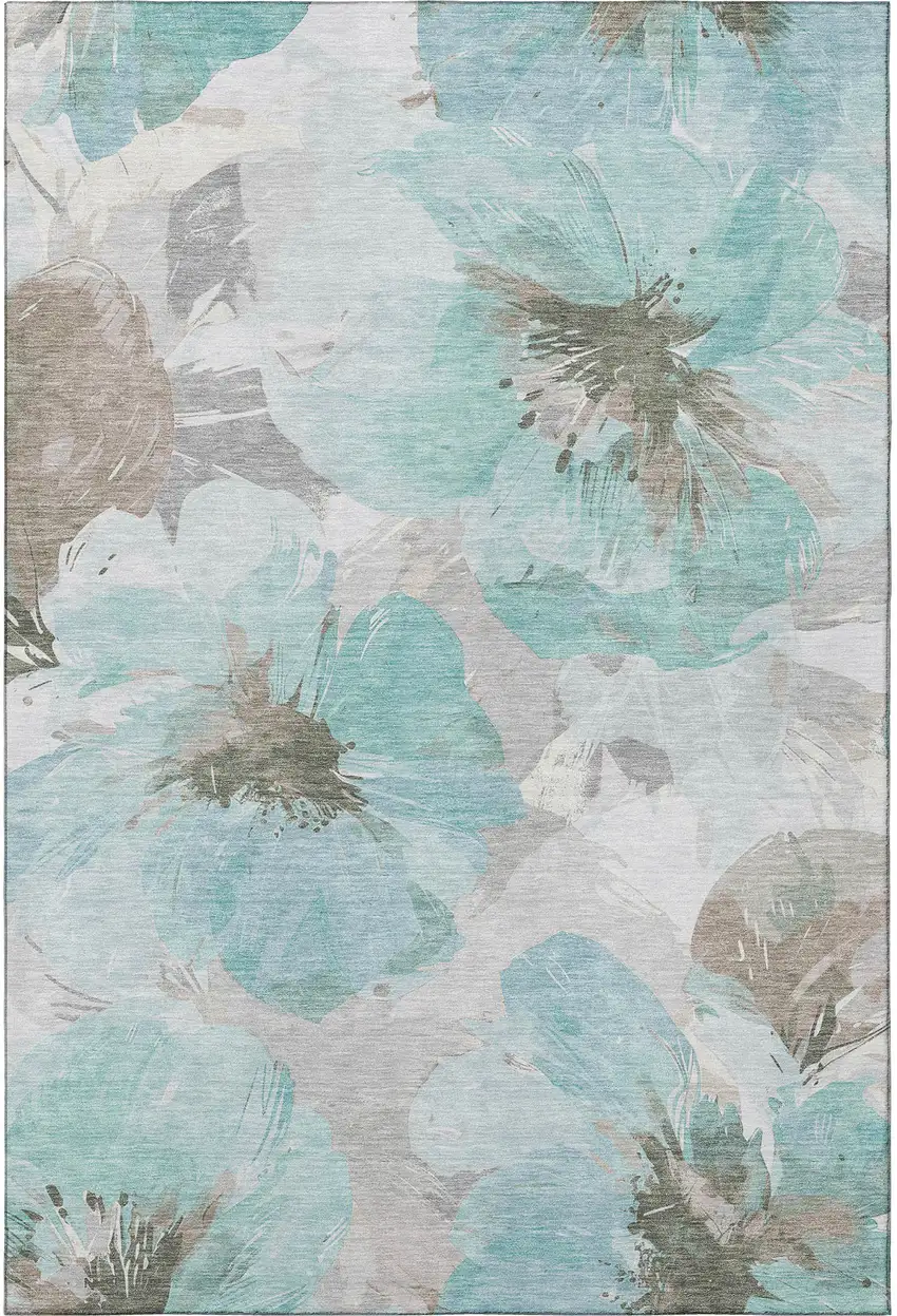 Teal Ivory And Beige Floral Washable Area Rug With UV Protection Photo 2