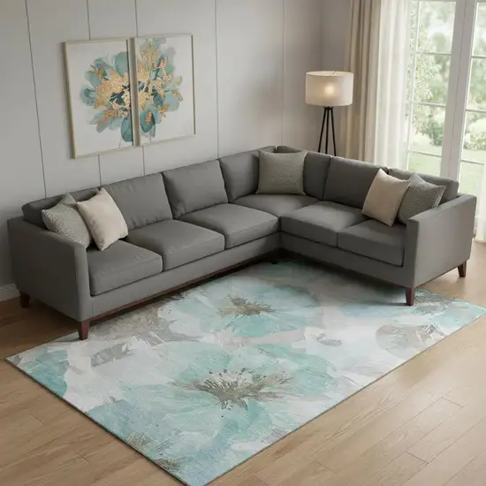 Teal Ivory And Beige Floral Washable Area Rug With UV Protection Photo 2