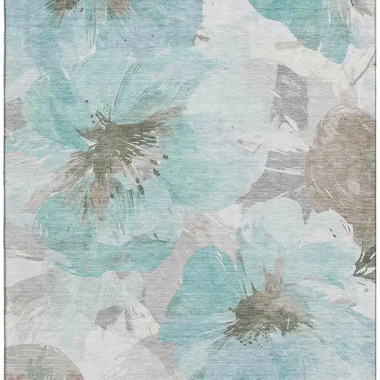 Teal Ivory And Beige Floral Washable Area Rug With UV Protection Photo 3
