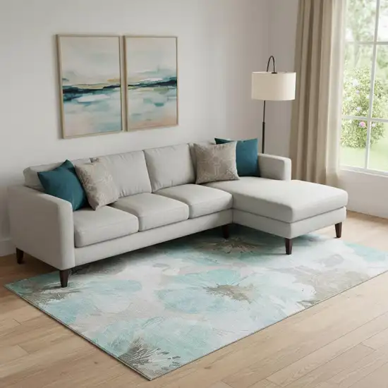 Teal Ivory And Beige Floral Washable Area Rug With UV Protection Photo 2