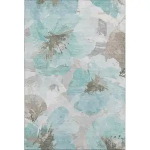 Photo of Teal Ivory And Beige Floral Washable Area Rug With UV Protection