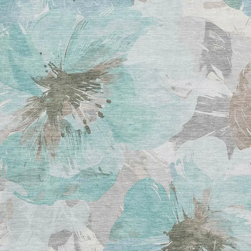 Teal Ivory And Beige Floral Washable Area Rug With UV Protection Photo 2