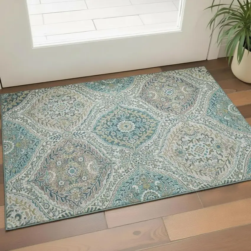 Teal Ivory And Beige Floral Washable Area Rug With UV Protection Photo 2