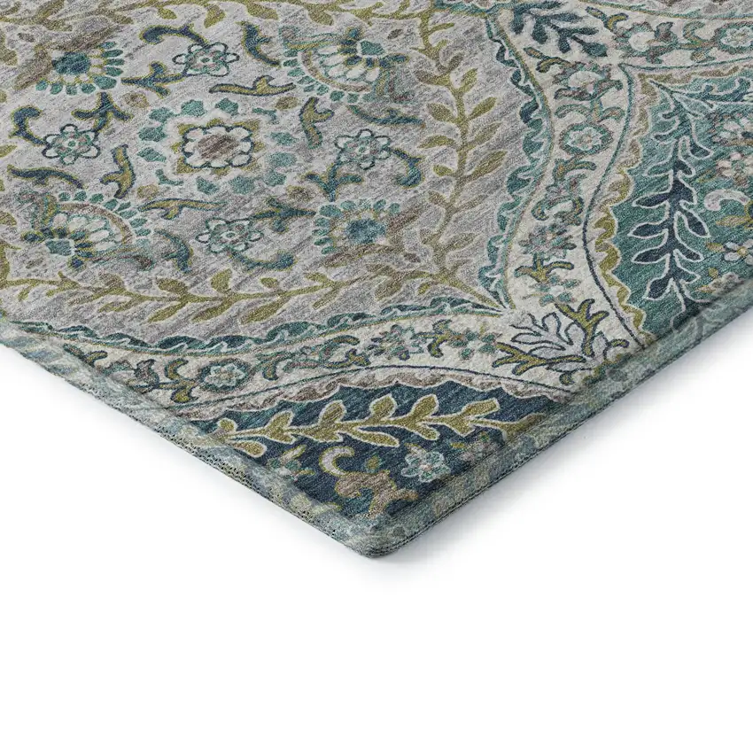 Teal Ivory And Beige Floral Washable Area Rug With UV Protection Photo 8