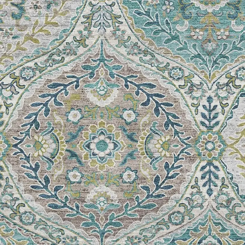 Teal Ivory And Beige Floral Washable Area Rug With UV Protection Photo 3