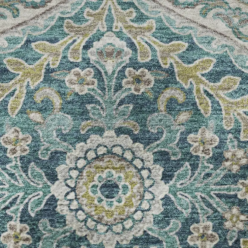 Teal Ivory And Beige Floral Washable Area Rug With UV Protection Photo 8