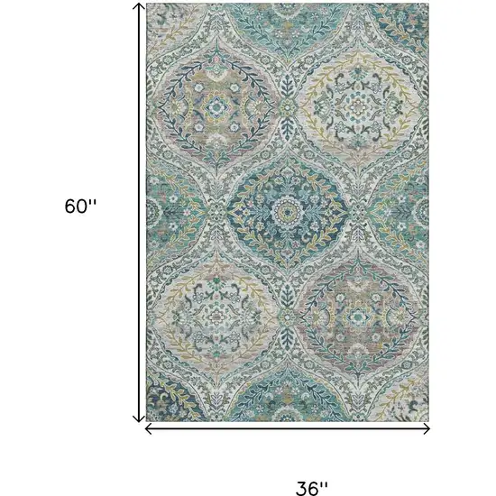 Teal Ivory And Beige Floral Washable Area Rug With UV Protection Photo 9
