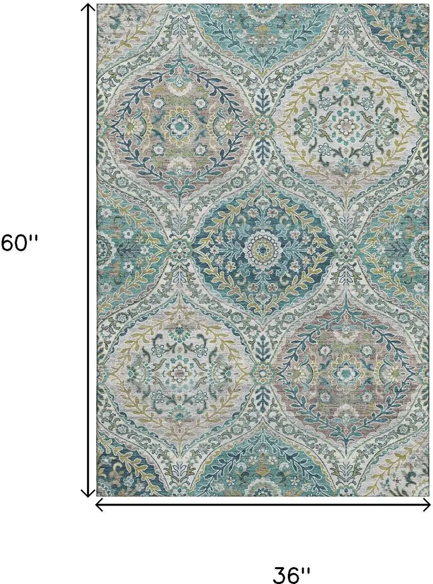 Teal Ivory And Beige Floral Washable Area Rug With UV Protection Photo 9