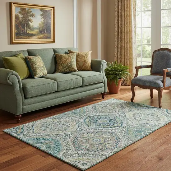 Teal Ivory And Beige Floral Washable Area Rug With UV Protection Photo 2