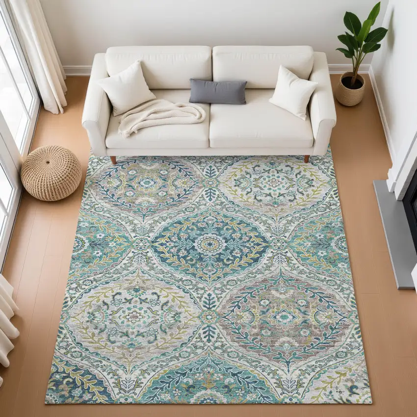 Teal Ivory And Beige Floral Washable Area Rug With UV Protection Photo 5
