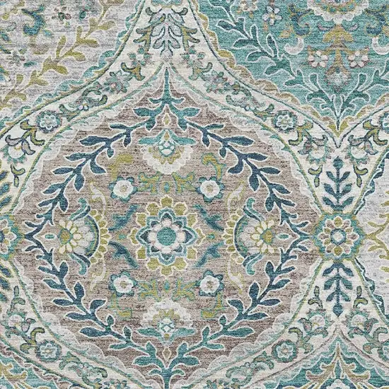 Teal Ivory And Beige Floral Washable Area Rug With UV Protection Photo 3