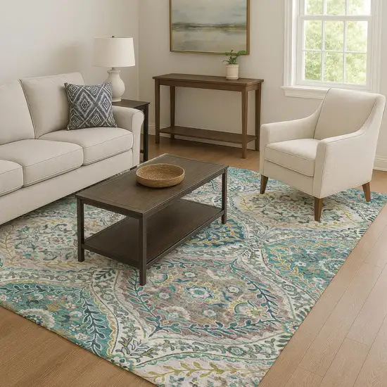 Teal Ivory And Beige Floral Washable Area Rug With UV Protection Photo 6