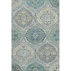 Photo of Teal Ivory And Beige Floral Washable Area Rug With UV Protection