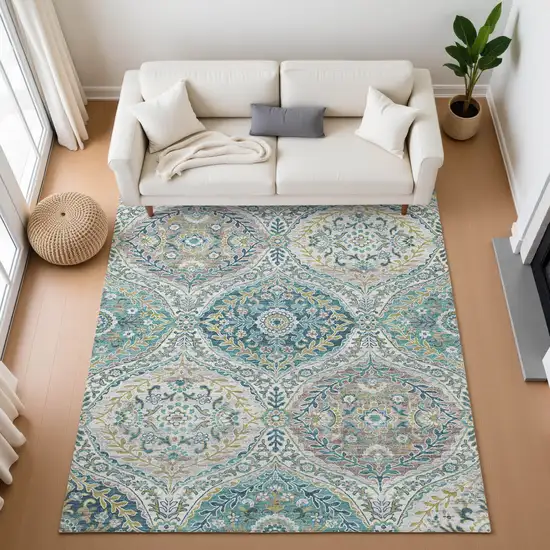 Teal Ivory And Beige Floral Washable Area Rug With UV Protection Photo 5