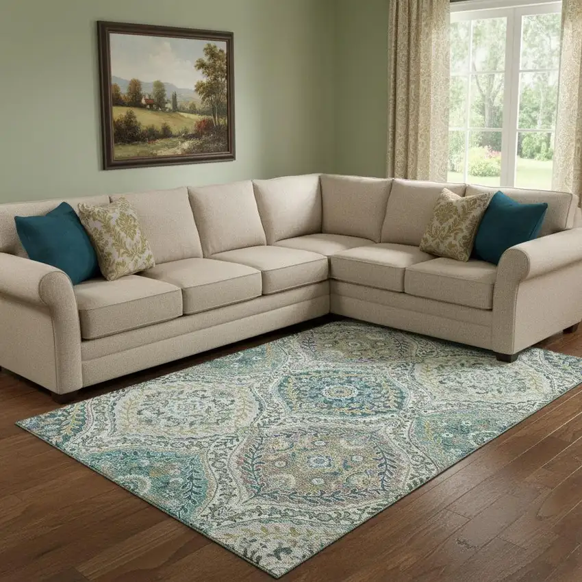 Teal Ivory And Beige Floral Washable Area Rug With UV Protection Photo 2