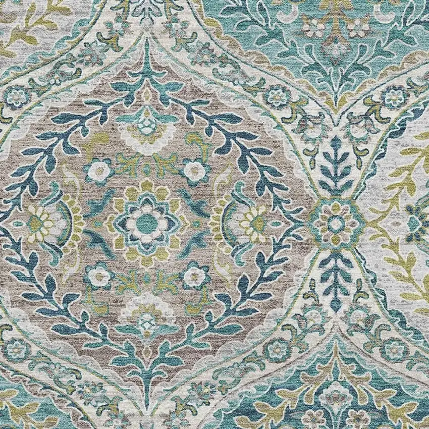 Teal Ivory And Beige Floral Washable Area Rug With UV Protection Photo 3