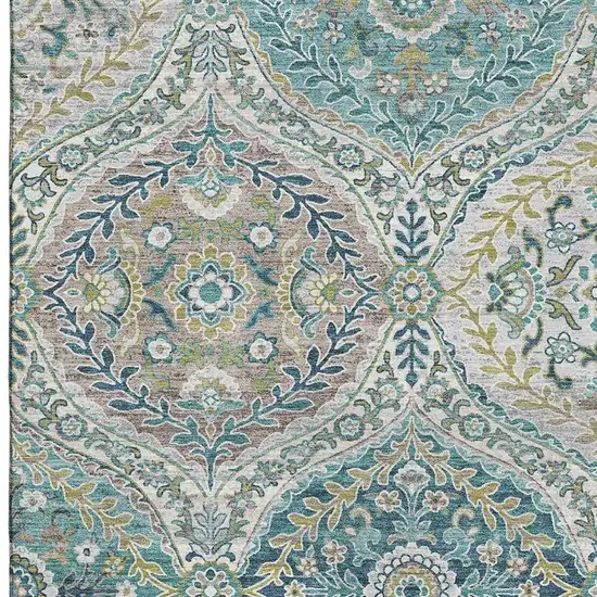 Teal Ivory And Beige Floral Washable Area Rug With UV Protection Photo 4