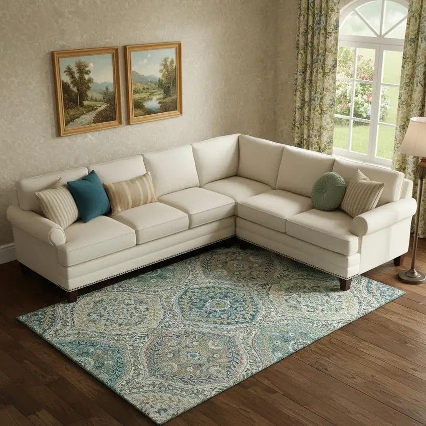 Teal Ivory And Beige Floral Washable Area Rug With UV Protection Photo 2
