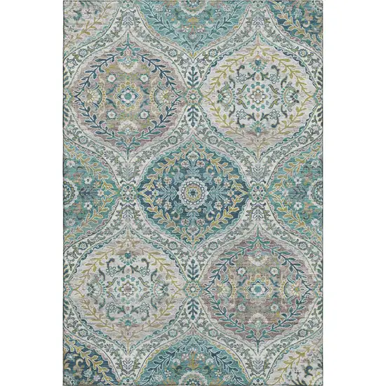 Teal Ivory And Beige Floral Washable Area Rug With UV Protection Photo 1