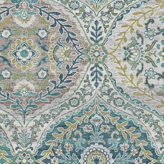 Teal Ivory And Beige Floral Washable Area Rug With UV Protection Photo 3