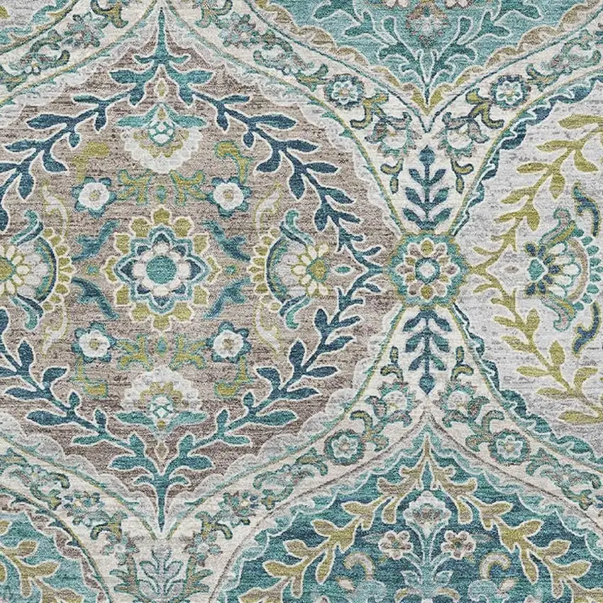 Teal Ivory And Beige Floral Washable Area Rug With UV Protection Photo 3