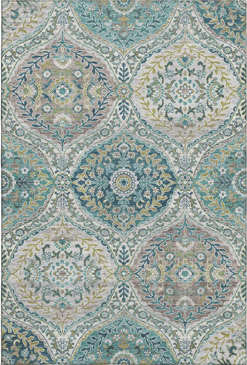 Teal Ivory And Beige Floral Washable Area Rug With UV Protection Photo 1