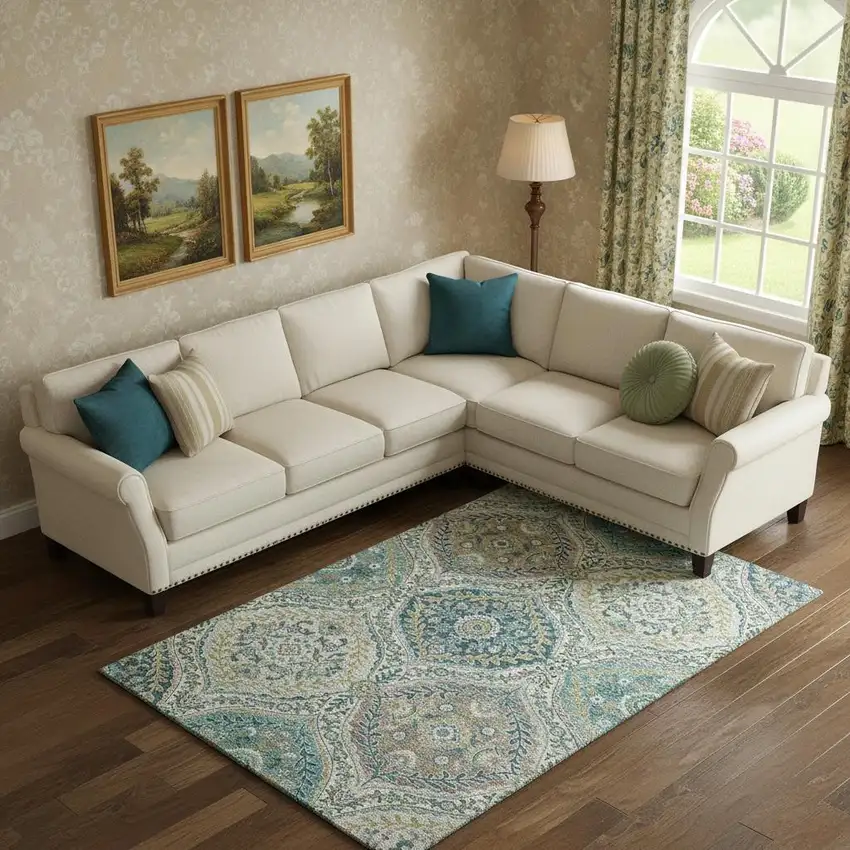 Teal Ivory And Beige Floral Washable Area Rug With UV Protection Photo 2