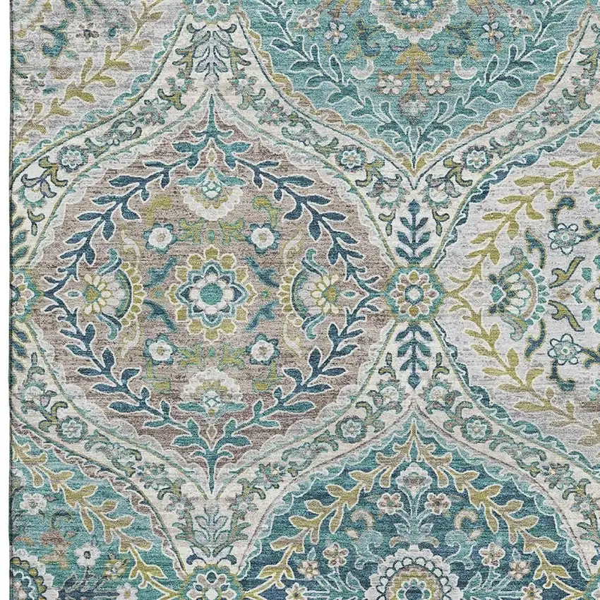 Teal Ivory And Beige Floral Washable Area Rug With UV Protection Photo 4