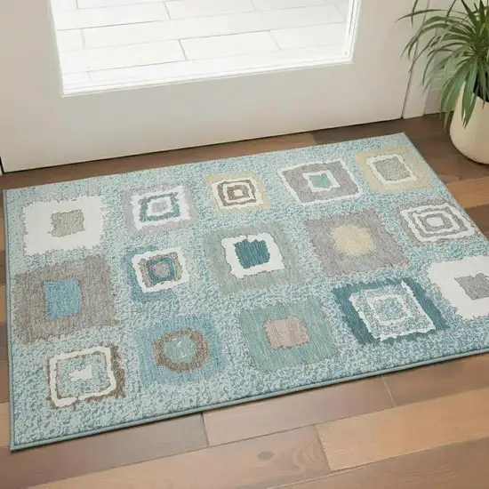 Teal Ivory And Beige Geometric Washable Area Rug With UV Protection Photo 2