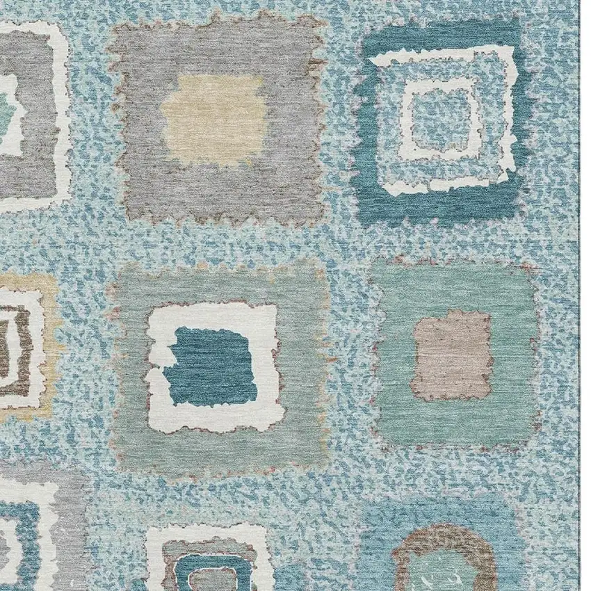 Teal Ivory And Beige Geometric Washable Area Rug With UV Protection Photo 3