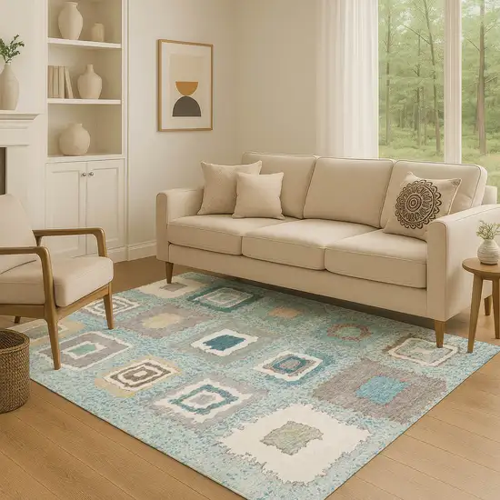 Teal Ivory And Beige Geometric Washable Area Rug With UV Protection Photo 5